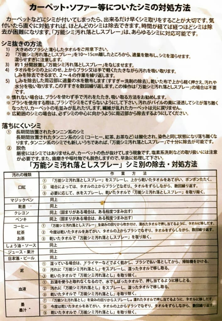 業務用洗剤 万能シミ汚れ落としクリーナー 説明書